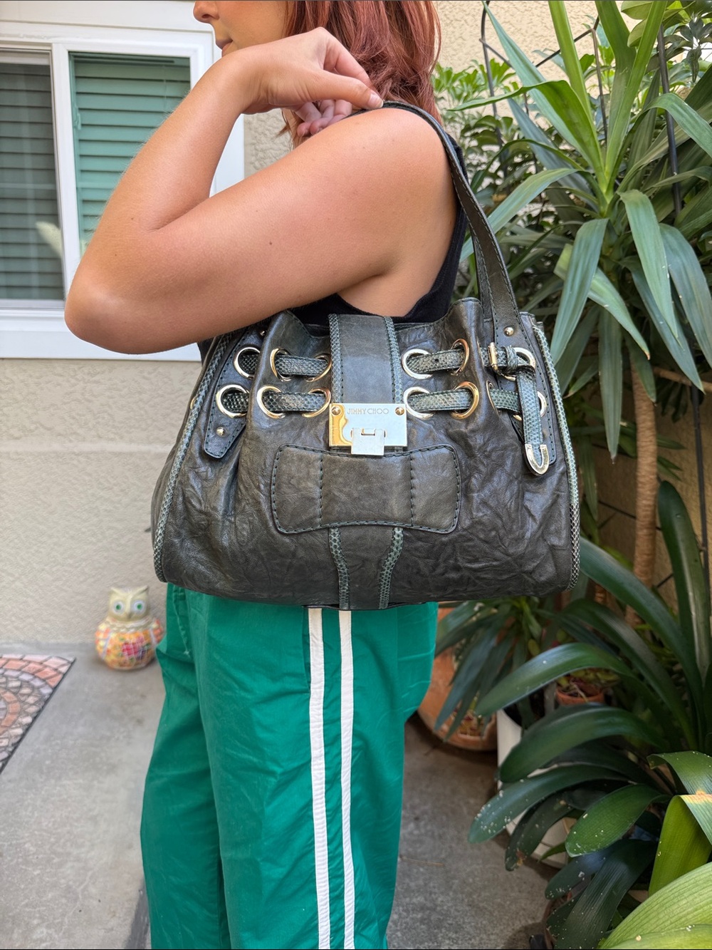 Jimmy Choo Dark Green Leather Shoulder Bag with Gold Hardware